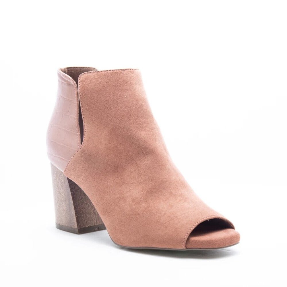 Quipid Booties Mocha Suede Peep Toe Block Heel Vented Textured - Picture 2 of 8